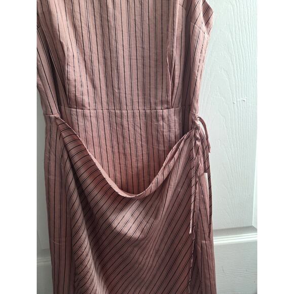 Express Mini Striped Satin Sheath Dress Mauve Pink Wrap Dress peek a boo Back M - Picture 3 of 8